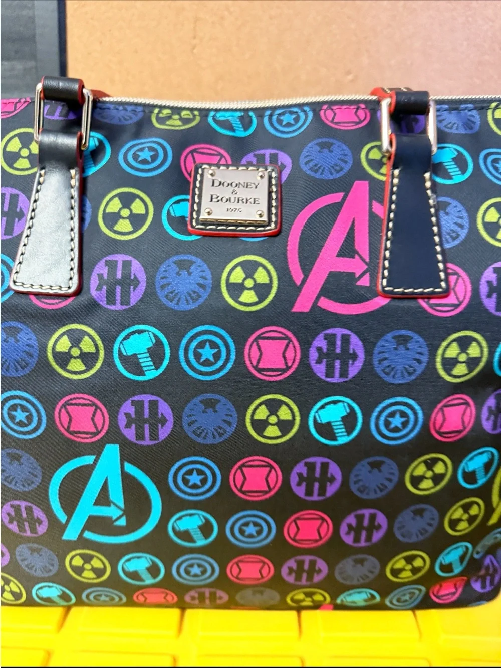 Dooney & Bourke Black Tote with Neon Multicolor Avengers Icons